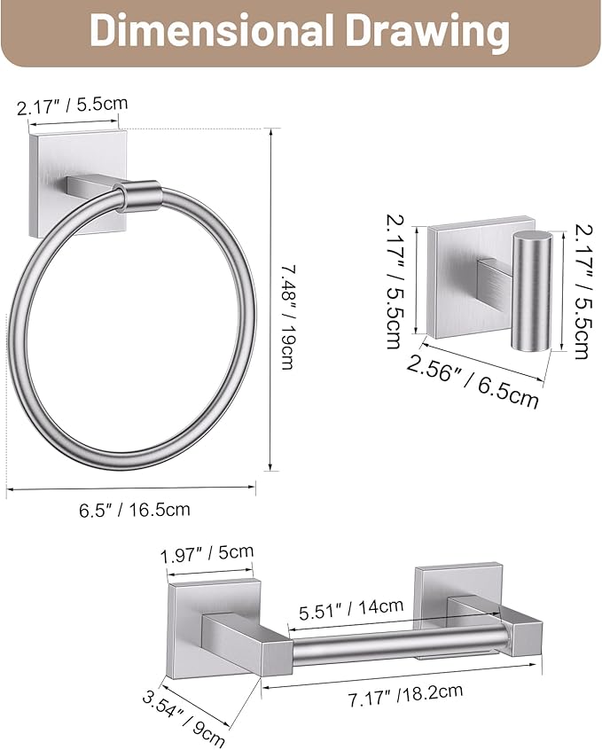 Towel Ring Set 4 Piece Bathroom Hardware Set Includes Towel Ring 2 Towel Hooks and Toilet Paper Holder Stainless Steel Wall Mounted (Brushed Nickel)