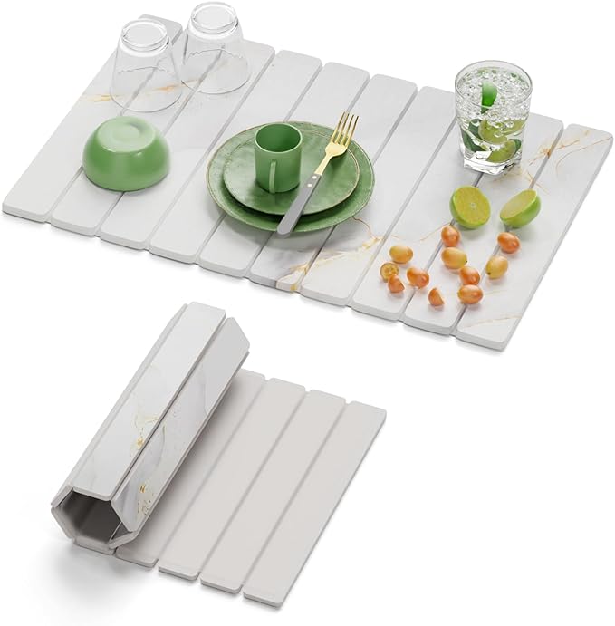 Dayacoco Stone Drying Mat for Kitchen Counter, Large Quick Dry Stone Mat, Collapsible Diatomaceous Earth Mats for Dishes Bottles Cups, Fits Any Countertop,23"×15.3",White gold