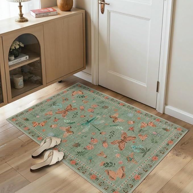 2x3 Washable Rug,Small Door Mat Floral Entryway Rug, Boho Front Door Mat, Non Slip Area Rugs, Low Pile Throw Accent Carpet for Indoor Entrance, Bathroom and Kitchen(Green 2x3ft)