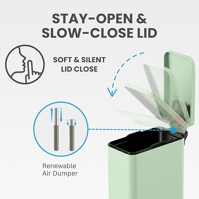 iTouchless 3 Gallon Slim Bathroom Trash Can with Lid & Odor Filter, Soft-Step Steel Pedal Bin for Narrow Spaces, Wastebasket for Kids Room, Cottagecore, & Nature Inspired Decor – Pastel Green