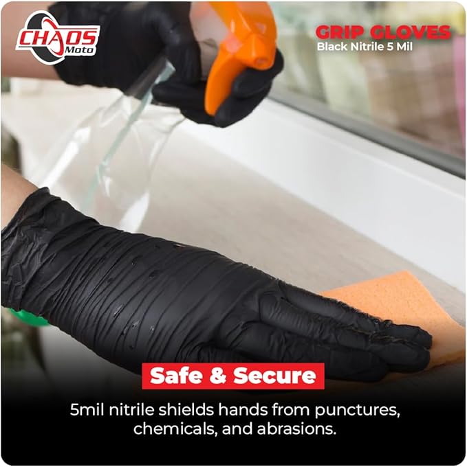 Grip Black Nitrile Gloves 5mil Latex-Free, Powder-Free, Micro-Textured for Repair, Cleaning, Painting, Chemical (1 box/100 gloves), Large