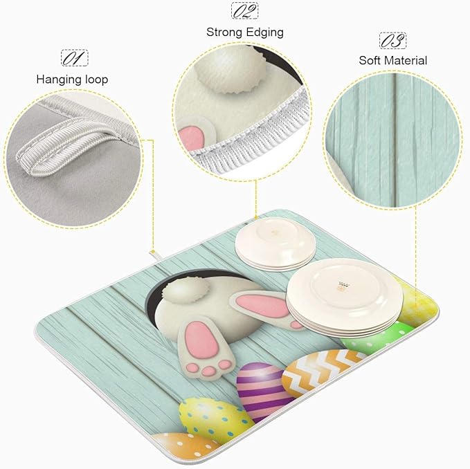 Happy Easter Eggs Bunny Tail Dish Drying Mat 18x24 for Kitchen Easter Day Rabbit Flowers Dishes Pad Dish Drainer Rack Mats Absorbent Fast Dry Kitchen Accessories