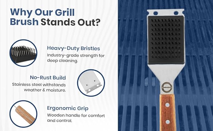 Strong BBQ Grill Brush and Scraper – Heavy-Duty Grill Cleaner with Long Wooden Handle & Replaceable Stainless Steel Bristles – Fast Deep Cleaning, Safe for All Grills – No-Scratch Outdoor Grill Brush