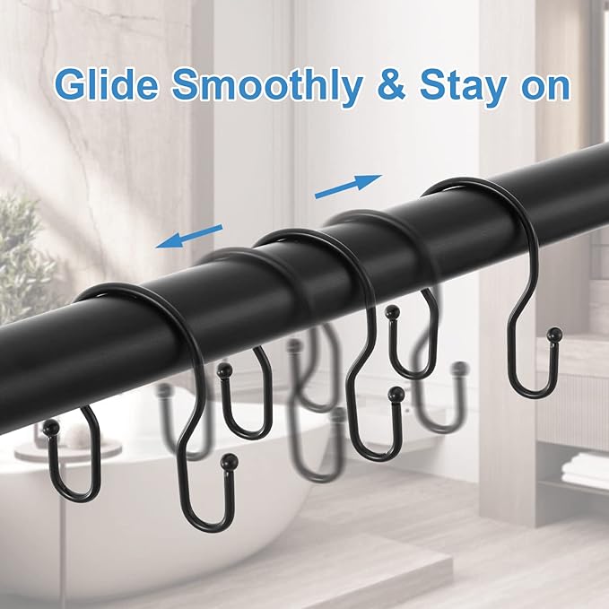 24 Pack Double Shower Curtain Hooks Rings, TENOVEL Double Sided Shower Curtain Hooks Rust Proof for Shower Curtain, Stainless Steel Bathroom Shower Hangers Rings for Shower Rods, Matte Black