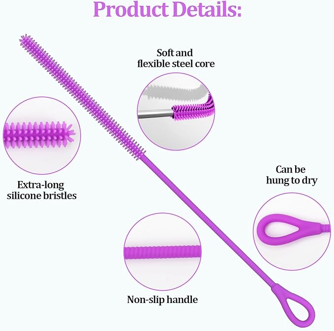Silicone Straw Cleaner Brush, 2Pcs Straw Cleaner Brush Extra Long, Straw Brush Bristles Cleaner Brush for Cleaning Stanley, Metal Glass Straws, Drink Lid (Purple)