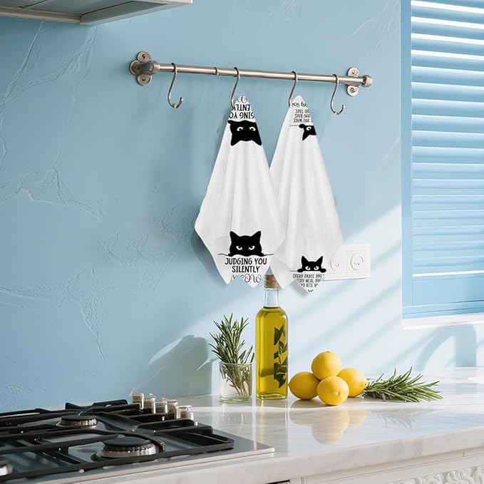 Hanamiya Na 2Pcs Funny Cat Kitchen Towels 24x14 Inch, Reusable Durable Microfiber Dish Towel, Funny Quotes Tea Towels for Kitchen Home Bathroom Farmhouse Decor, Cat Gifts for Women Mom Friend