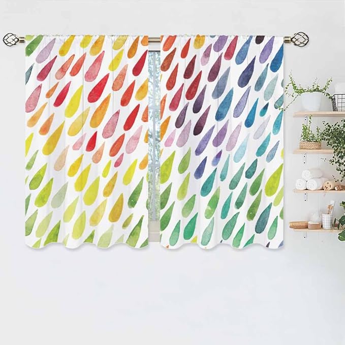 Rainbow Raindrops Kitchen Curtains Colorful Abstract Droplet Blob Brush Strokes Short Tier Curtains for Bathroom Cafe Small Window Drapes Treatment 2 Panels (27.5x39 Inch)