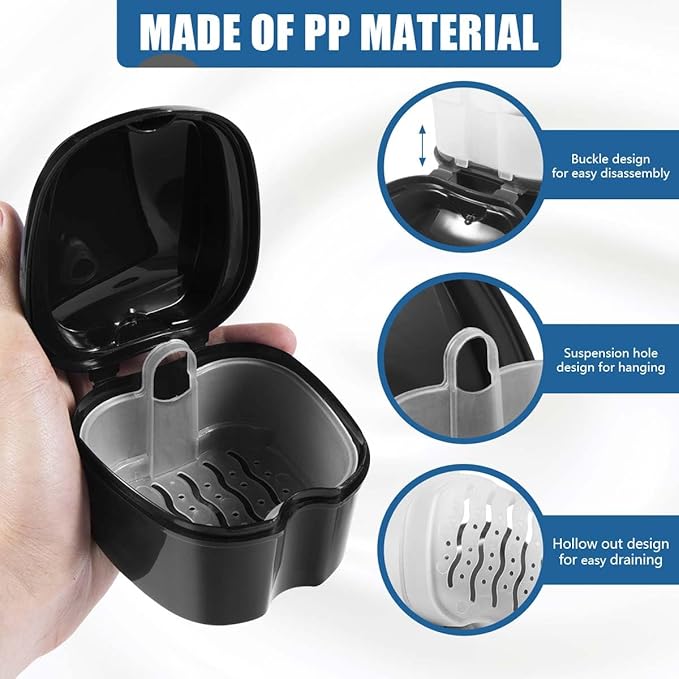 Black Denture Bath Case Cup Box Holder Storage Container with Denture Cleaner Brush Strainer Basket for Travel Cleaning