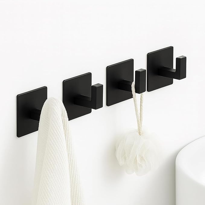 RUIGPRO Towel Hooks Adhesive No Drill, 2 Pack Matte Black Metal Hooks, Right Angle Design for Bathroom, Kitchen, Cabinet, Door, Holds Robes, Hats, Coats, Organizer for Smooth Surfaces