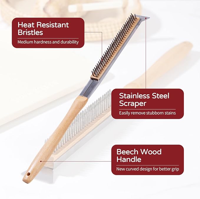 Pizza Oven Brush, 20 Inch Grill Cleaning Brush with Scraper, Heat Resistant Stainless Steel Bristles, Beech Wood Handle, 2 in 1 Pizza Stones Brush, Ourdoor pizza oven accessories