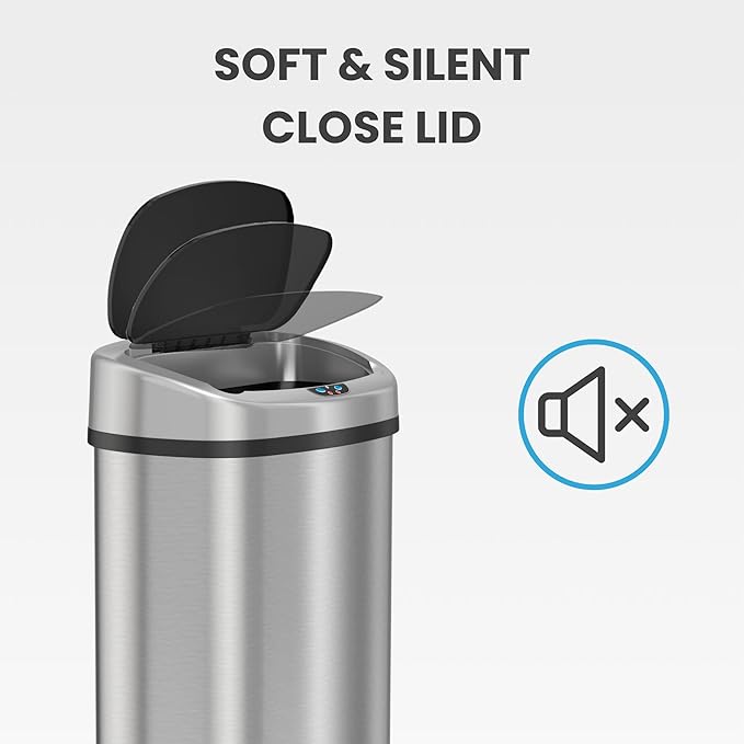 iTouchless 50 Liter / 13 Gallon Stainless Steel Kitchen Trash Can with Sensor 2.0 Tech Touchless Lid and AbsorbX Odor Filter, Oval Slim Space-Saving Automatic Garbage Bin for Home, Office, Business