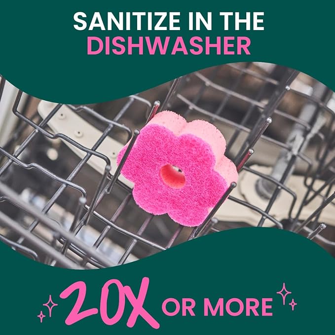Scotch-Brite Brite Blooms Extra Gentle Scrub Sponge, Dishwasher-Safe Kitchen Sponge for Cleaning Delicate Surfaces, Pink Spring Flower Dish Sponges Made with 100% Recycled Fibers