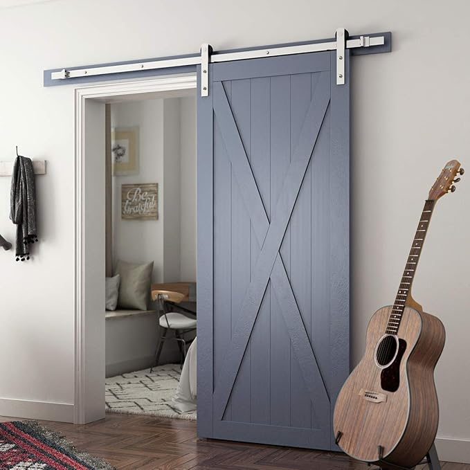SMARTSTANDARD 6.6 Feet Brushed Nickel Sliding Barn Hardware Kit-Sturdy Silvery Track-Smoothly and Quietly-Simple and Easy to Install-Fit 36"-40" Wide Door Panel (I Shape Hanger)