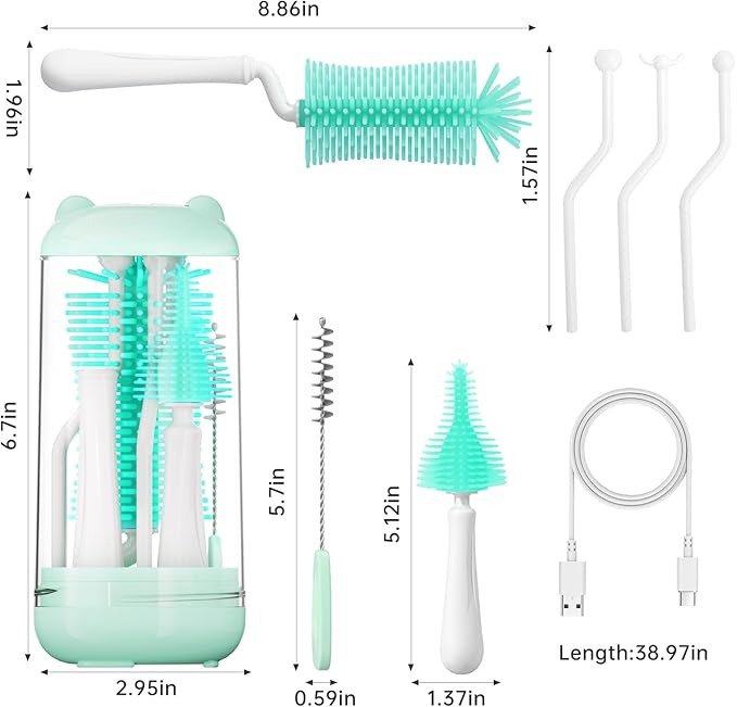 Bottle Brush Set,Travel Bottle Cleaner Kit with Baby Bottle Brush,UV Light,Straw Brush,Nipple Brush,Bottle Drying Rack for Home and Travel
