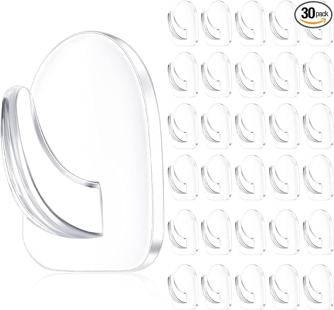 Queekay 30 Pieces Clear Adhesive Wall Hooks for Hanging, Transparent Reusable Seamless Hooks Small Acrylic Sticky Hangers with Non Marking Sticker for Kitchen Bathroom Bedroom Office