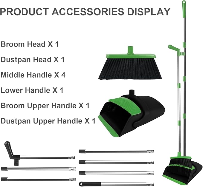 Green Broom with Dustpan Combo Set, 51" Long Handle Household Kit for Home for Pet Hair