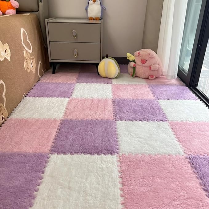 12Pcs Interlocking Carpet Tiles,12"x 12" Plush Interlocking Foam Carpet Tiles with Border,Fluffy Play Mat Floor Tiles Thick Padded Squares Foam Tiles for Playroom Decor (Grey+Yellow)