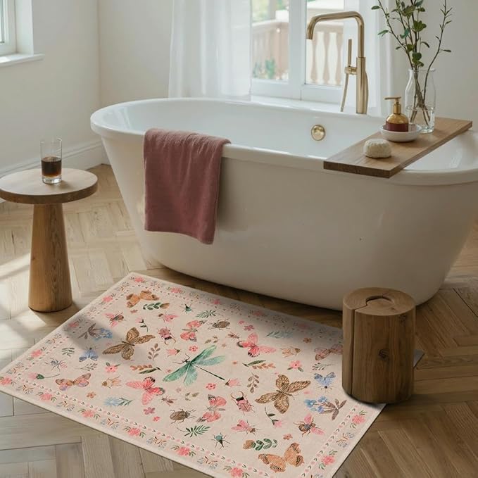 2x3 Washable Rug,Small Door Mat Floral Entryway Rug, Boho Front Door Mat, Non Slip Area Rugs, Low Pile Throw Accent Carpet for Indoor Entrance, Bathroom and Kitchen(Pink 2x3ft)