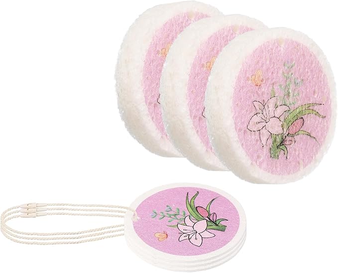 uxcell 6Pcs Cellulose Sponges, Round Kitchen Clean Sponges Non-Scratch Compressed Dish Scrubber with Floral Pattern for Kitchen Household Cookware Bathroom Cleaning & DIY, Pink