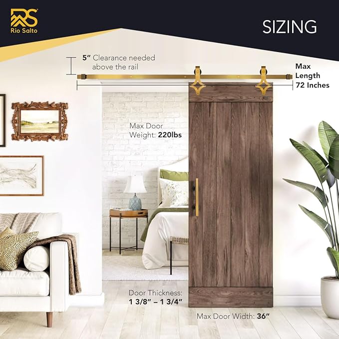 Rio Salto Gold Barn Door Hardware Kit 72" Adjustable Length 6FT Track, Diamond Shaped Rollers, Sliding Door Modern for Closet Bathroom Office Brushed Gold (6ft Diamond Shape)