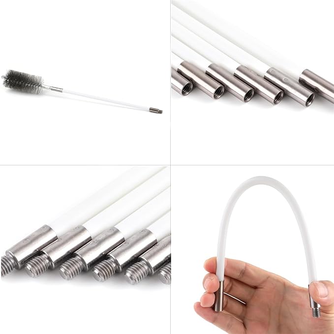 50 in Pipe Cleaning Brush Set with Stainless Steel Bristles, Wire Brush with 4 Flexible Rods, Stainless Steel Pipe Brush 4pcs for Auto Parts, Bottles, Tubes. (3/5, 1, 1 3/5, 2 in Brush Heads)