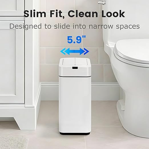 Sensor Trash Can with Butterfly Lid 2.6 Gallon Rectangular Automatic Garbage Can, Stainless Steel Trash Bin, Slim Waterproof Wastebaskets with Lid Soft Close for Under Counter, White