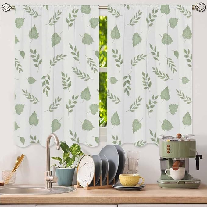 Green Botanical Kitchen Curtains Watercolor Green Leaves and Branches Nature Short Tier Curtains for Bathroom Cafe Small Window Drapes Treatment 2 Panels (27.5x39 Inch)