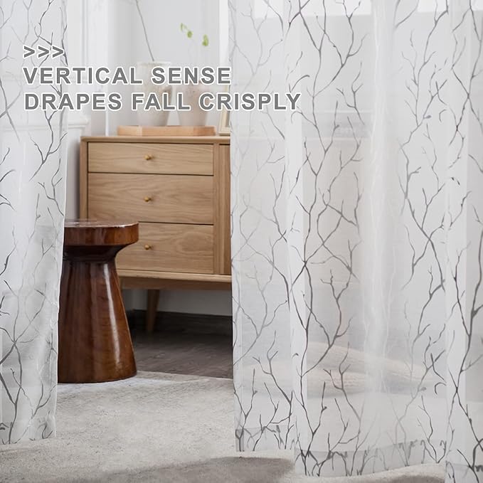 FINECITY Silver White Sheer Curtains 108 Inches Long 2 Panels Metallic Silver Foil Branches Tree Pattern Sheer Curtains for Living Room Rod Pocket Privacy Sheer Window Curtains, 52 x 108 Inch