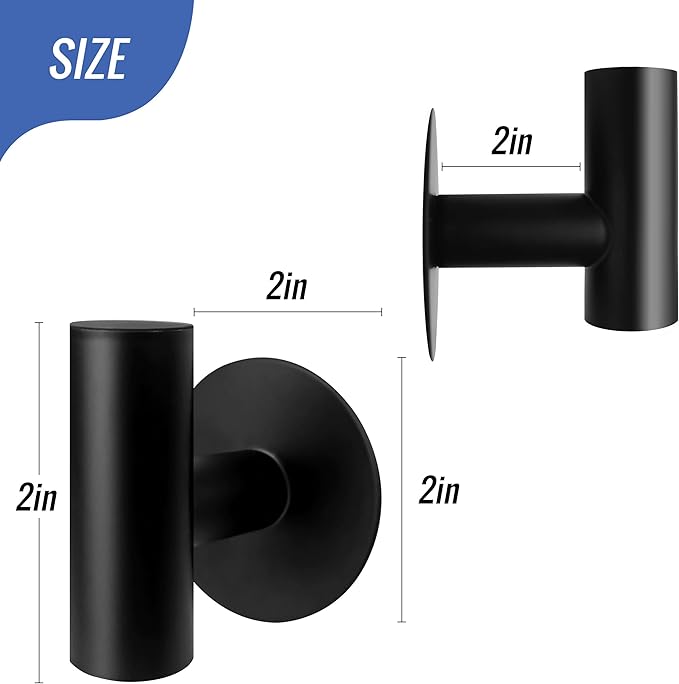 Adhesive Towel Hooks, Black SUS 304 Stainless Steel Hooks, Heavy Duty Waterproof Wall Hooks, Self Adhesive Coat Robe Hooks for Bathrooms Kitchen Wall Mounted (Black, 2 Pcs)