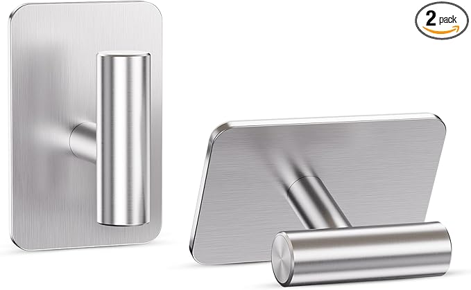 Silver Hooks for Hanging Heavy Duty, Wall Hooks for Shower, Bathroom, Towel, Coat, Robe, Waterproof & Rustproof Adhesive Hooks, Sticky Towel Hooks for Walls No Damage- 2 Pack