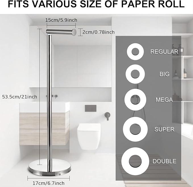 BGL Toilet Paper Holder Standing On Floor, Brushed Nickel, Tissue Holder On Floor with Reserve Storage Paper Rolls, Free-Standing Roll Paper Holder