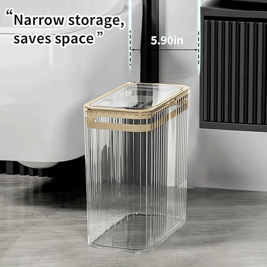 Bathroom Trash Can with Lid3.5 Gallon Garbage Can，for Bedroom, Office, Plastic Slim Waste Basket with Press Top Lid, 15l Clear Trash Bin for Home Slim Trash Bin Clear, Kitchen(Transparent)