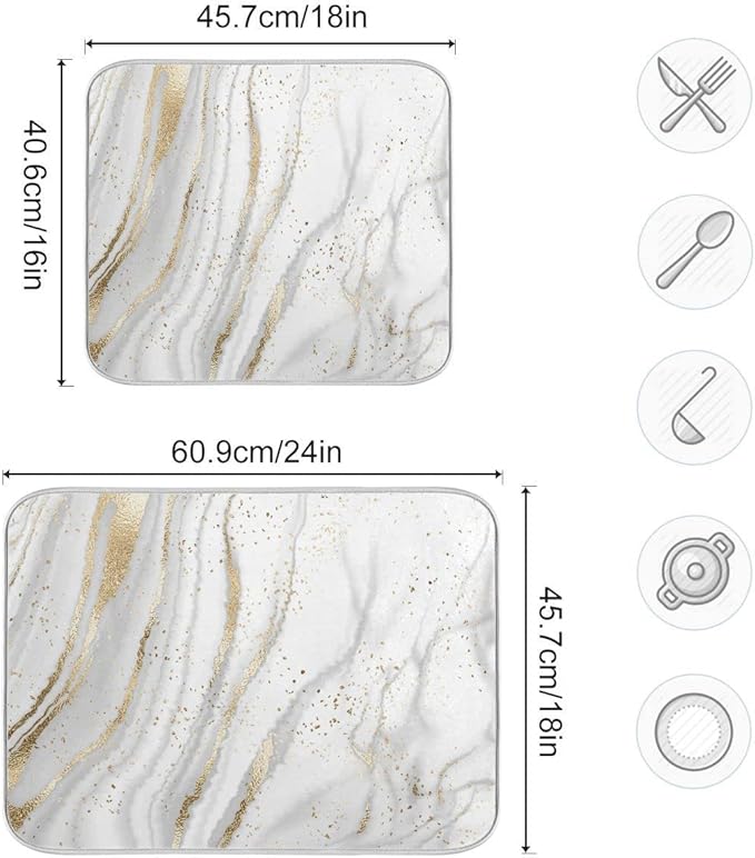 Marble Dish Drying Mat for Kitchen Counter White Golden Marble Gary Grey Drying Mats Super Absorbent Reversible Microfiber Kitchen Countertop Protector Dishes Pad Medium 16x18 inch