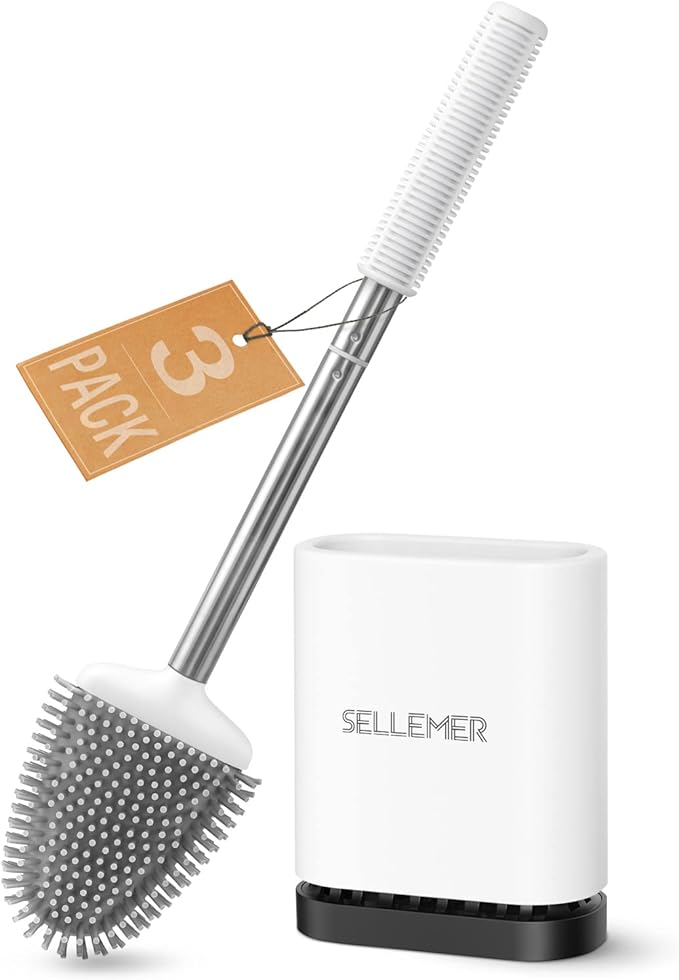 Sellemer Toilet Brush and Holder Set for Bathroom, Flexible Toilet Bowl Brush Head with Silicone Bristles, Compact Size for Storage and Organization, Ventilation Slots Base (3 Pack, White)