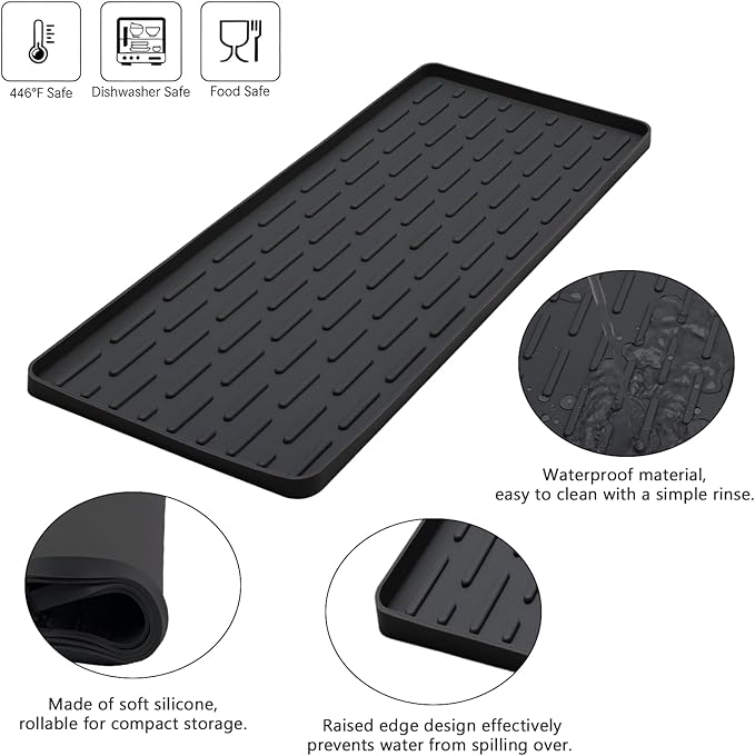 Silicone Coffee Mat, 16"X7" Heat-Resistant,Eco-friendly,Hygienic Drying Pad,Leak-Proof and Non-Slip,Removable Silicone Mat with Concave and Convex Design,（Black 16X7）
