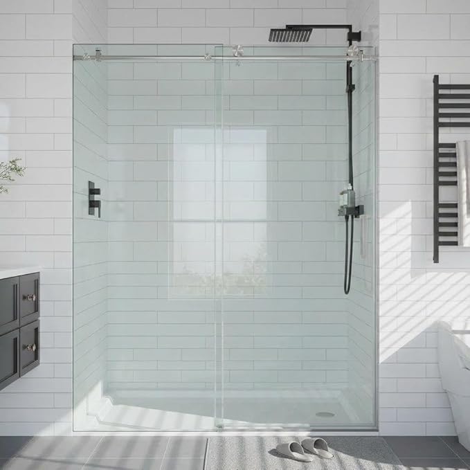 Frameless Sliding Shower Door, Adjustable 56"-60" W x 76" H with 1/4" SGCC Tempered Clear Glass & Easy-to-Clean Coating, Brushed Nickel Stainless Steel Round Rail, One Fixed One Sliding