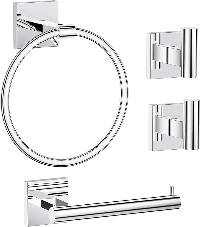 Towel Ring Set 4 Piece Bathroom Hardware Set Includes Towel Ring 2 Towel Hooks and Toilet Paper Holder Stainless Steel Wall Mounted (Polished Chrome)