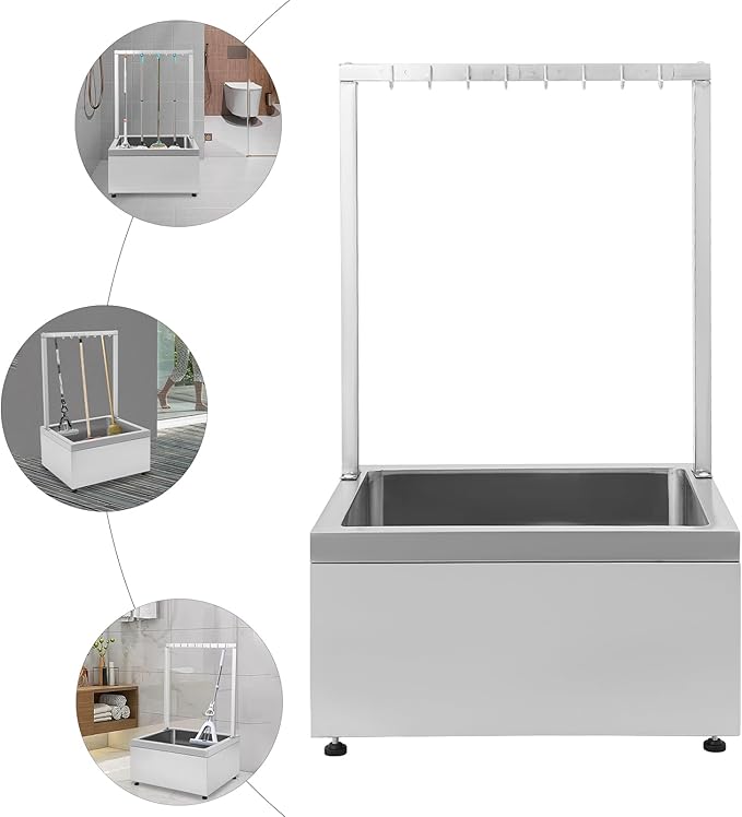 Stainless Steel Floor Mop Sink, Mop sink with Cleaning Tool Rack, Floor Standing Cleaning Tool Storage For Kitchen, Restaurant, Garages, Heavy Duty, Load 660 LBS