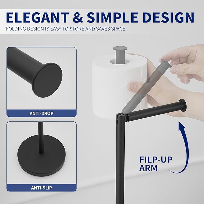 BWE Matte Black Toilet Paper Holder Stand Modern Tissue Roll Holder Storage for 4 Rolls of Paper, Stainless Steel Free Standing Toilet Paper Holder Bathroom Accessories with Weighted Base