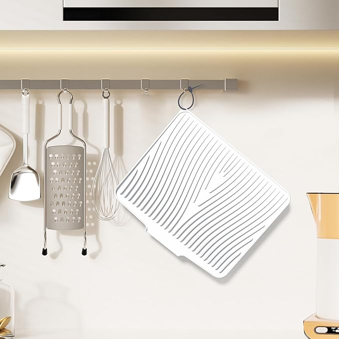 Silicone Dish Drying Mat for Kitchen Counter, Dish Drying Pad, Non-Slip Drain Pad with Built-in Drain, Heat Resistant Stone Drying Mat,Ivory, 2pcs-XL