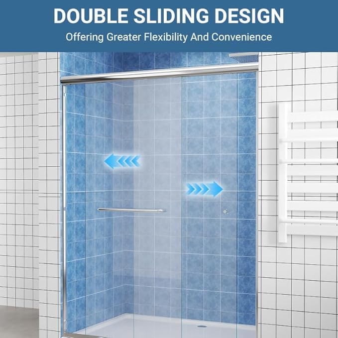Glass Sliding Shower Door 56-60" W x 72" H, Semi Frameless Double Sliding Bathroom Shower Door, 1/4"(6mm) Clear Tempered Glass, Nano Easy Cleaning Coated, ANSI Cerified, Polished Chrome