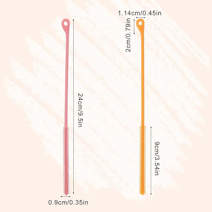 2pcs Silicone Straw Cleaner Brush, 9.44in Extra Long Reusable Straw Brush for Stanley, Metal, Glass Straws, Bendable Travel Drinking Bottle Lid Cleaning Tool for Crevice Pipe Tube (Pink,Orange)