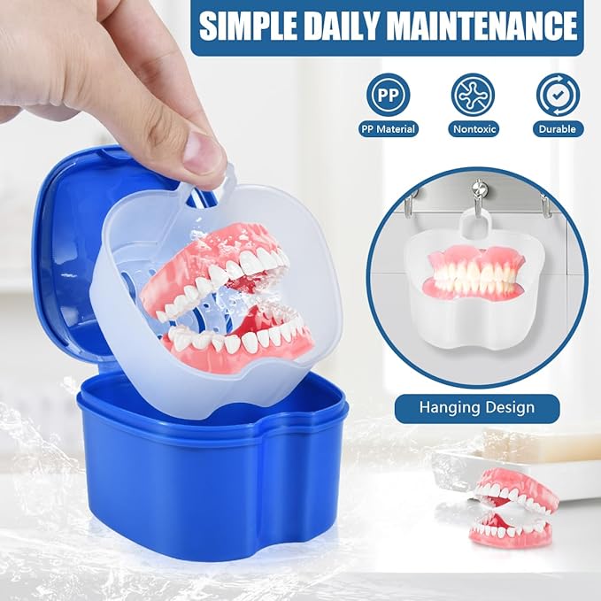 2 Pack Denture Bath Case Cup Box Holder Storage Container with Denture Cleaner Brush Strainer Basket for Travel Cleaning (White and Blue)