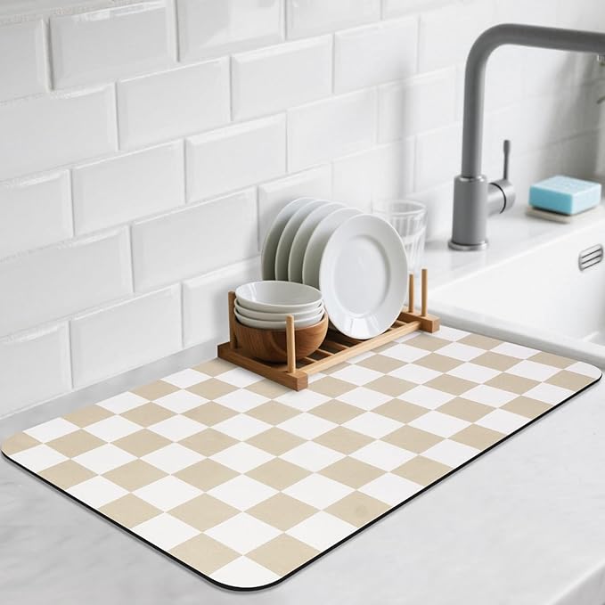Checkered Dish Drying Mat for Kitchen Counter, Absorbent Non-Slip Coffee Mat, Heat Resistant Mat for Countertops Coffee Bar Decor 12" x 20" Khaki