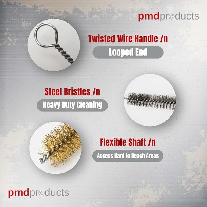 PMD Products 10-Piece Tube Cleaning Brush Kit | Brass Wire Bore Brushes & Stainless Steel Brushes 12" Long (1/4" to 3/4") for Tubes, Cylinders, and Narrow Spaces