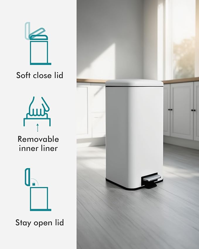 8 Gallon Trash Can with Lid, White Kitchen Trash Can with Soft Close, Inner Bucket & Steel Pedal, Stainless Steel Garbage Can for Kitchen, Laundry Room, Office, Bathroom, Dorm, 30 Liters