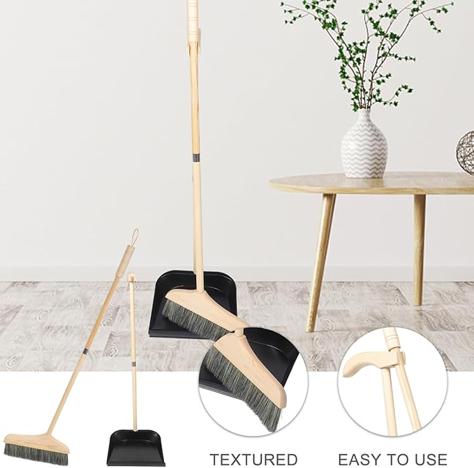 GANAZONO Broom and Dustpan Set Long Handle Household Cleaning Tools Indoor Outdoor Use Ergonomic Lightweight Wooden Brush for Home Garage Workshop