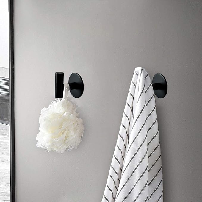 Self Adhesive Towel Hook Matte Black Coat Hook Brushed Nickel SUS304 Stainless Steel Heavy Duty Waterproof Towel Robe Clothes Hook Holder for Bathroom Kitchen Office Hotel Pool Wall Mounted Hook-2Pack