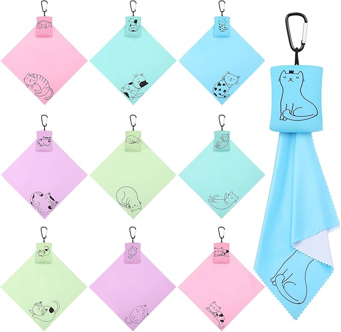 10 Pcs Microfiber Cleaning Cloth with Open Pouch Hanging Ring 8'' x 7.8'' Cute Kitty Cat Design Microfiber Cloth Soft Glasses Cleaner for Eyeglasses Camera Lens Cell Phone Screens Glasses