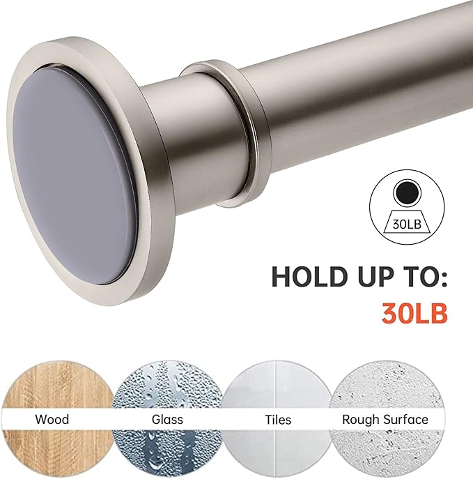 BRIOFOX Industrial Shower Curtain Rod - Spring Tension Shower Rod 43-72 Inch Tension Curtain Rod for Window or Bathroom, Satin Nickel